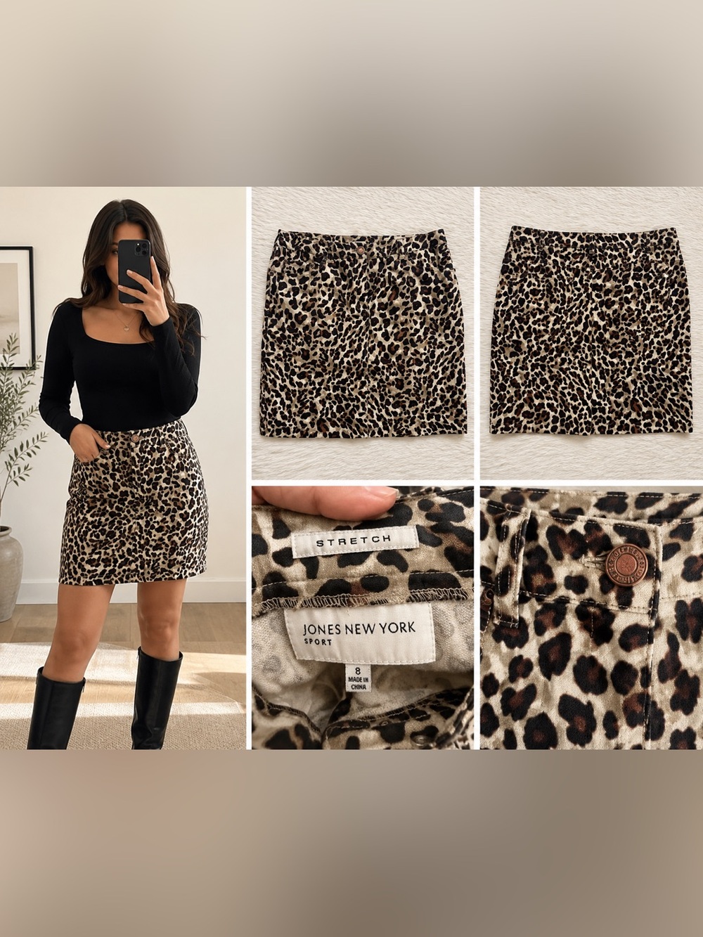 Jones New York Sport Leopard Print Stretch Denim Skirt Size 8